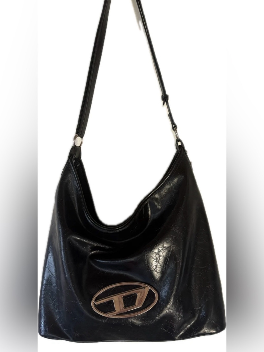 Diesel Vintage Y2K Hobo Bag Slouchy Patent Crinkle Leather Black Oval D